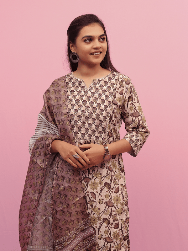 Beige Suit With Mauve And Mehendi Green Floral Suit