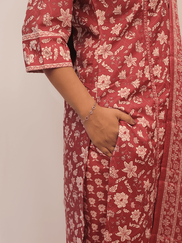 Crimson Floral Printed Suit Set With Dupatta