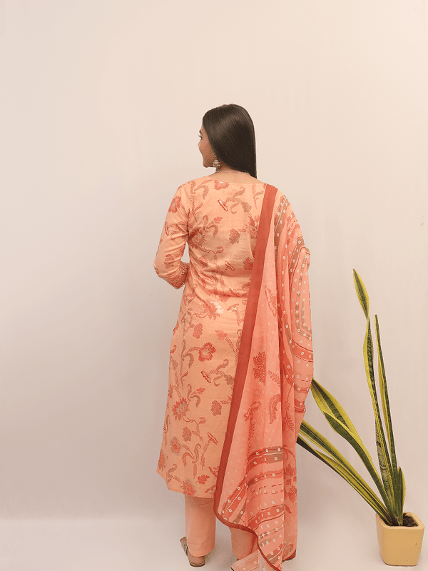 Peach Floral Embroidered Suit Set With Dupatta