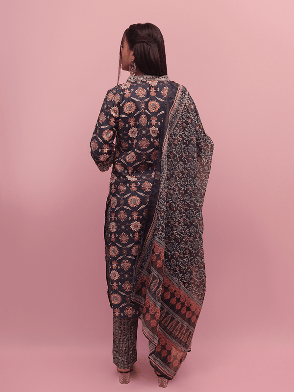 Navy Blue Floral Printed Suit Set