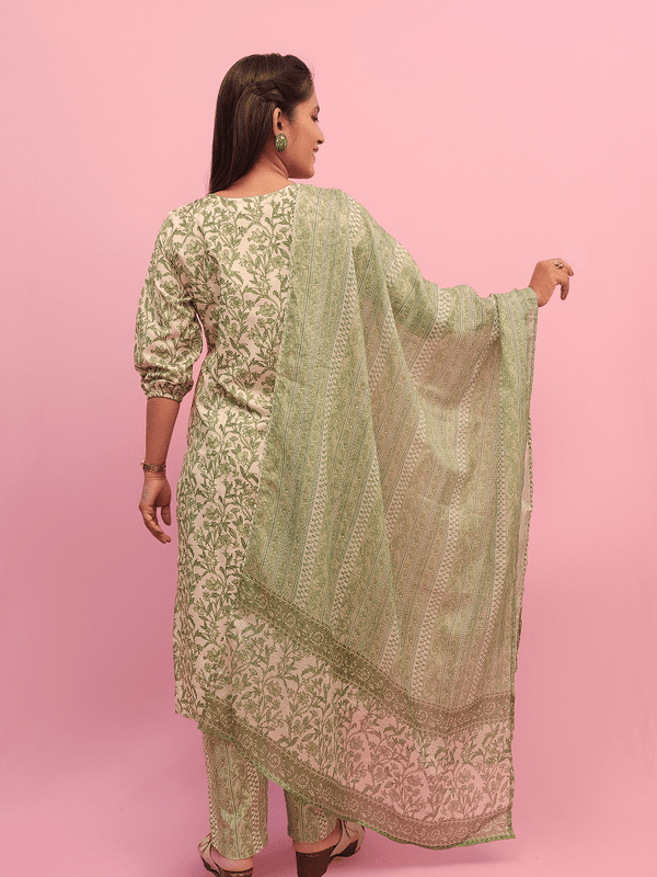 Sage Green Floral Print Cotton Suit Set