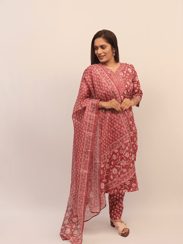 Crimson Floral Printed Suit Set With Dupatta