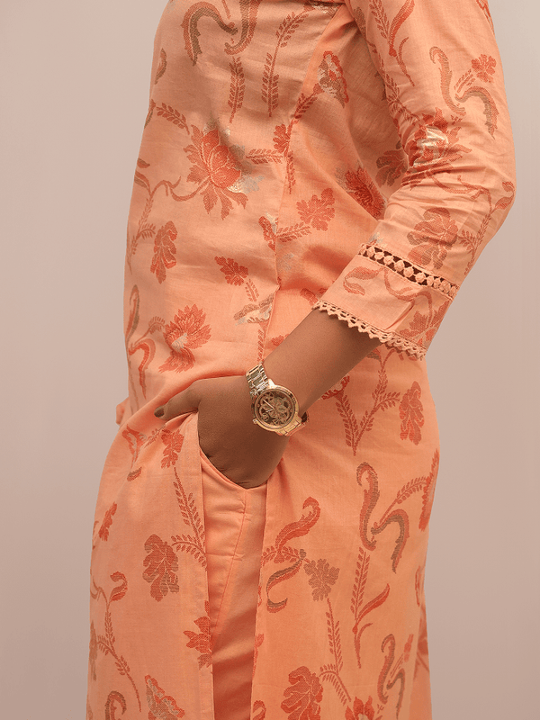 Peach Floral Embroidered Suit Set With Dupatta