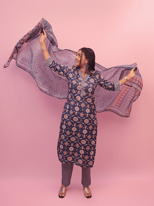 Navy Blue Floral Printed Suit Set