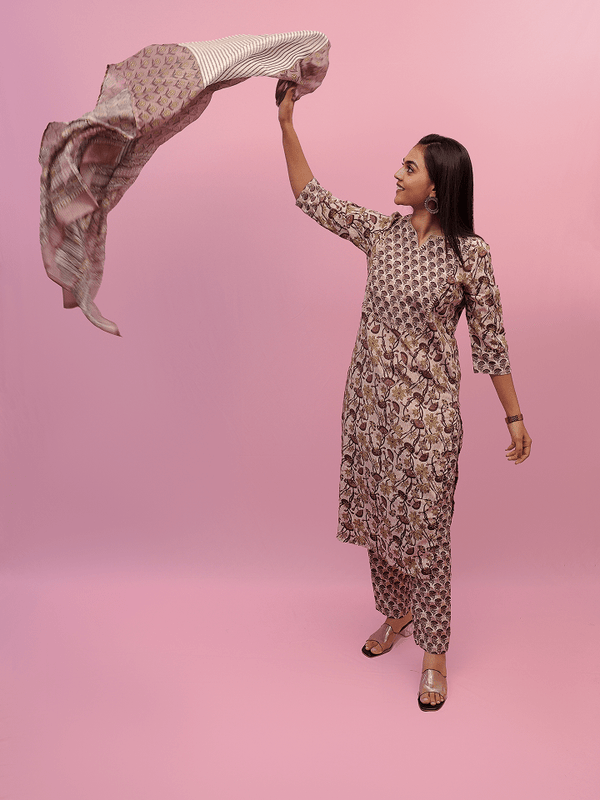 Beige Suit With Mauve And Mehendi Green Floral Suit