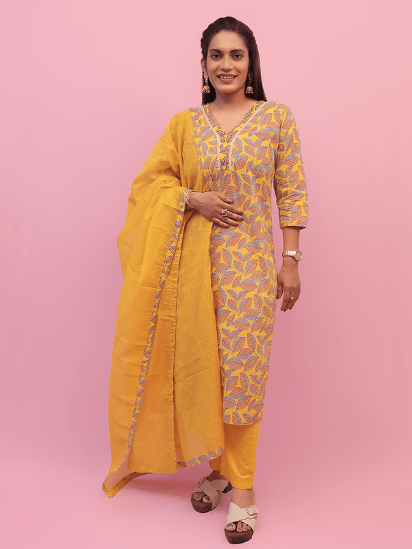 Sunshine Leaf Print Suit Set with Dupatta