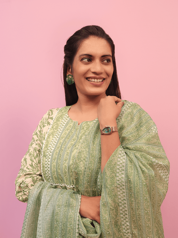 Sage Green Floral Print Cotton Suit Set