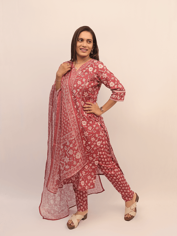 Crimson Floral Printed Suit Set With Dupatta