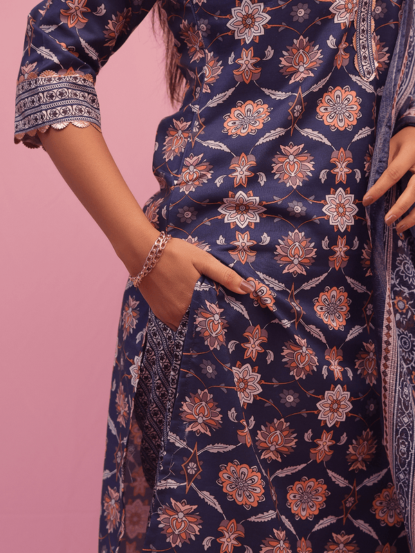 Navy Blue Floral Printed Suit Set