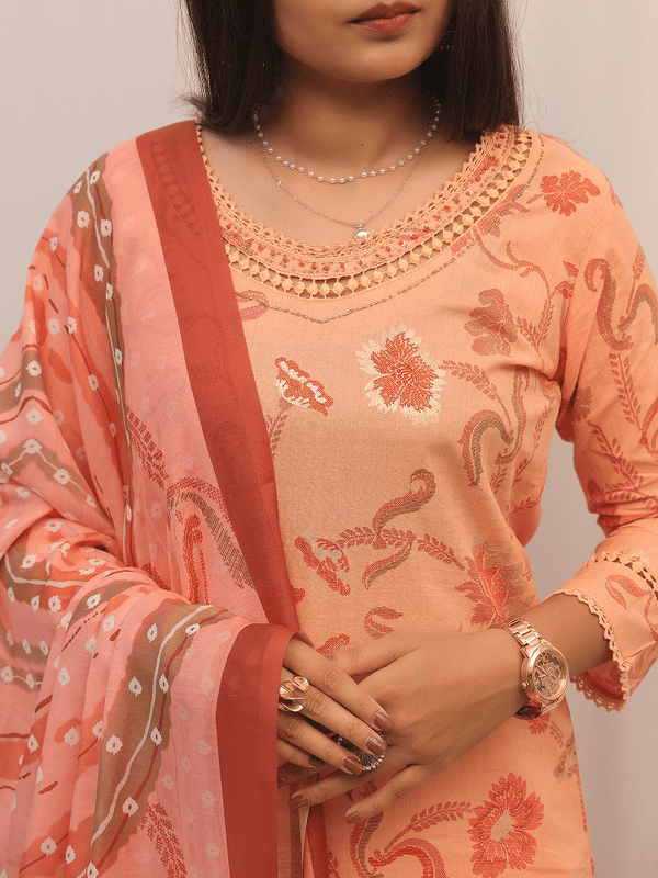 Peach Floral Embroidered Suit Set With Dupatta
