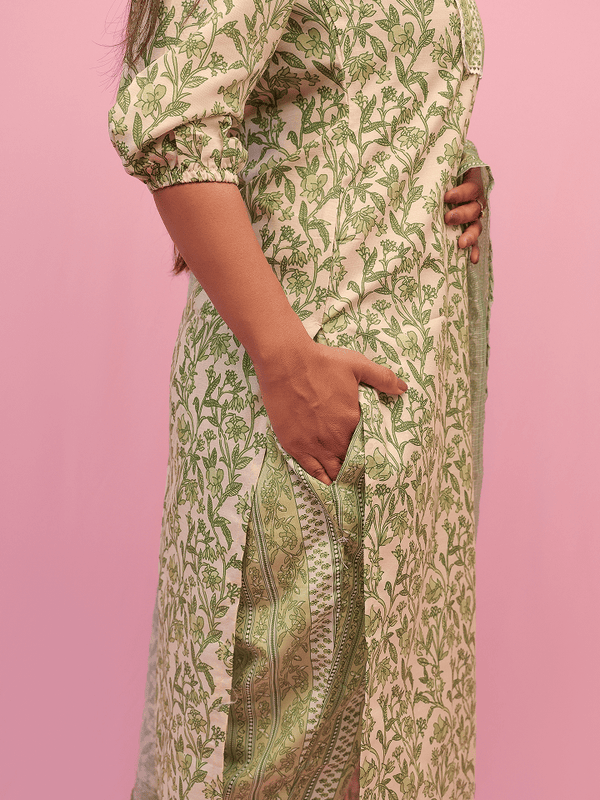 Sage Green Floral Print Cotton Suit Set