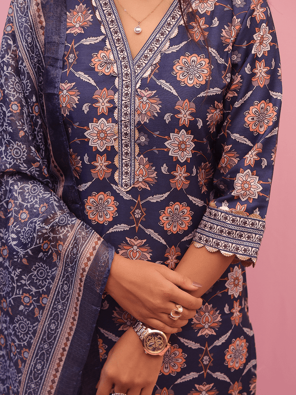 Navy Blue Floral Printed Suit Set