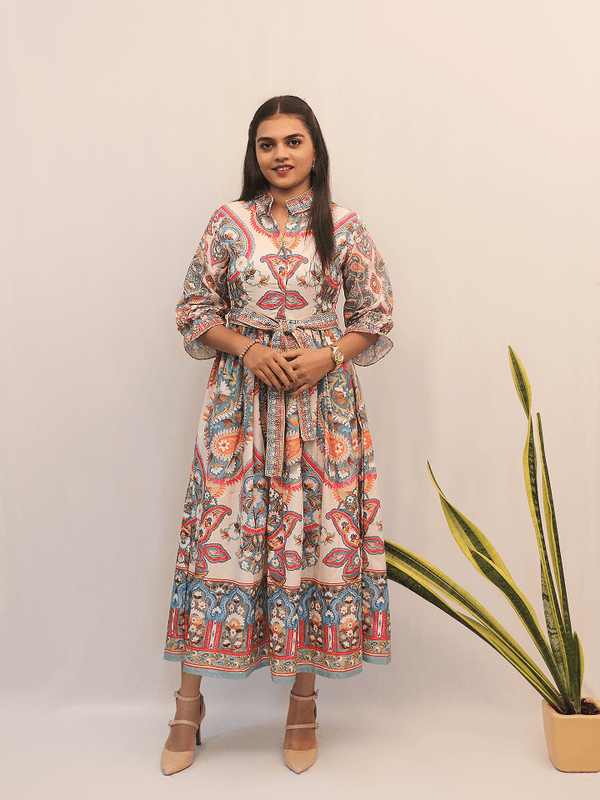 Multicolor Ethnic Print Midi Dress