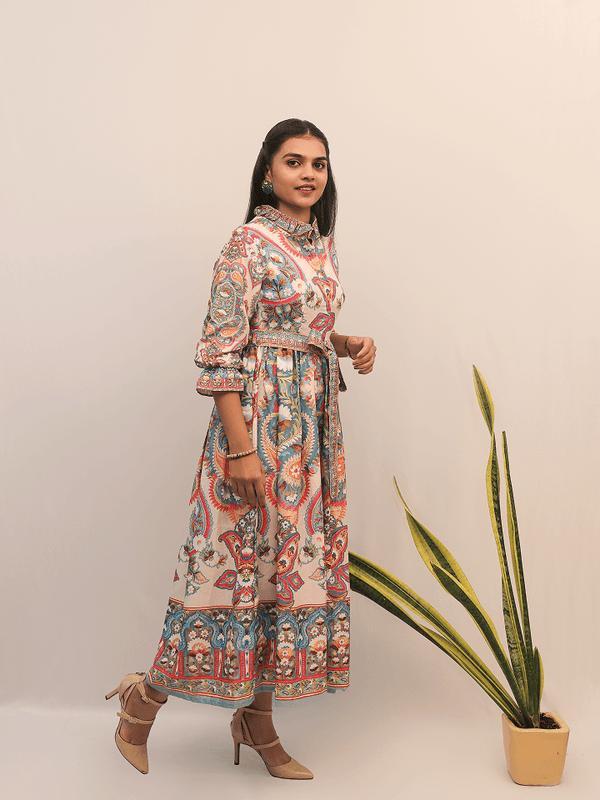 Multicolor Ethnic Print Midi Dress