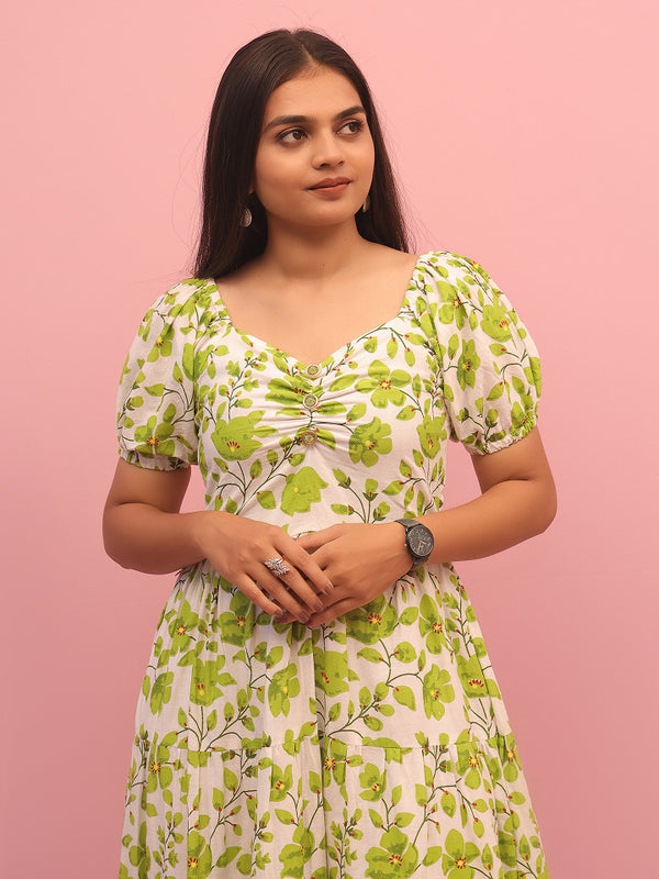 Green Floral Ruched Long Dress