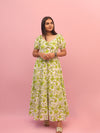 Green Floral Ruched Long Dress