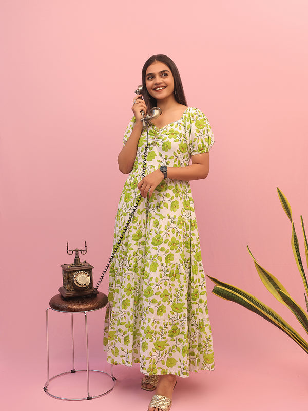 Green Floral Ruched Long Dress