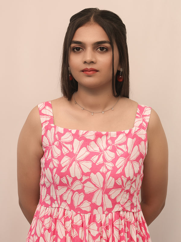 Pink Floral Tiered Long Dress