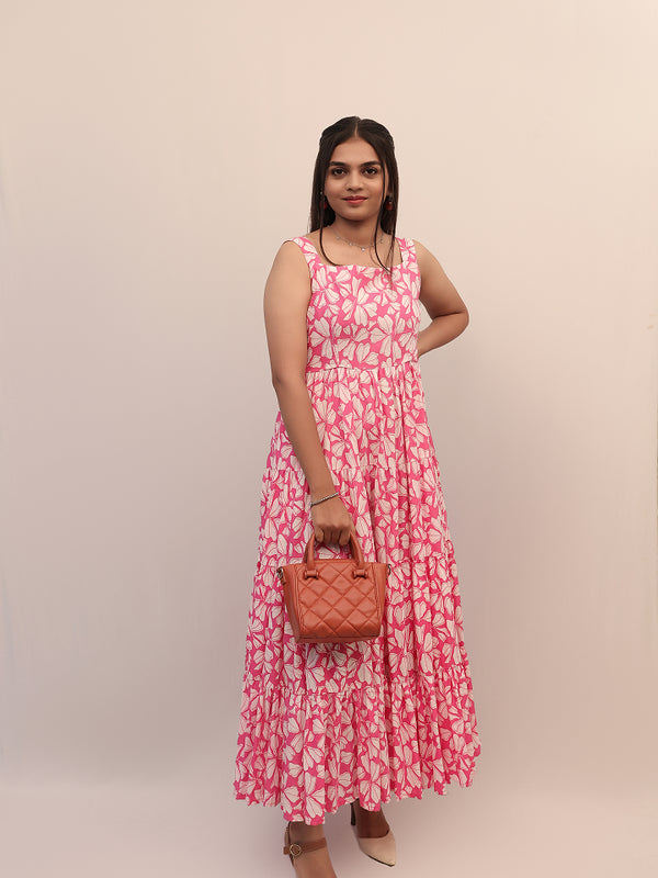 Pink Floral Tiered Long Dress