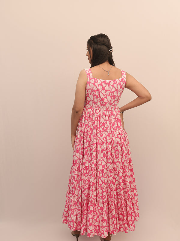 Pink Floral Tiered Long Dress