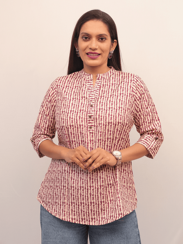 Pink Handblock Striped Cotton Top