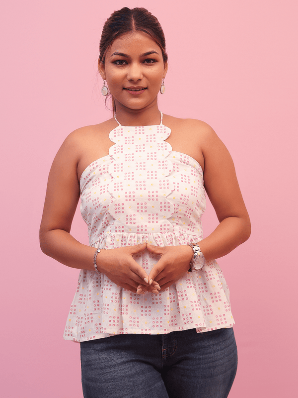 White Printed Scallop Halter Top