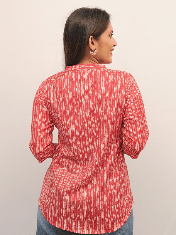 Red Handblock Striped Cotton Top