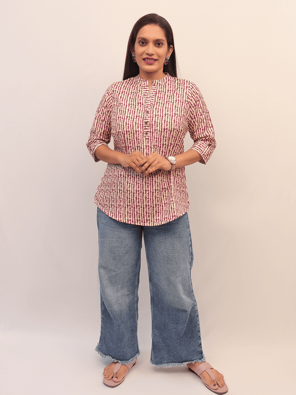 Pink Handblock Striped Cotton Top
