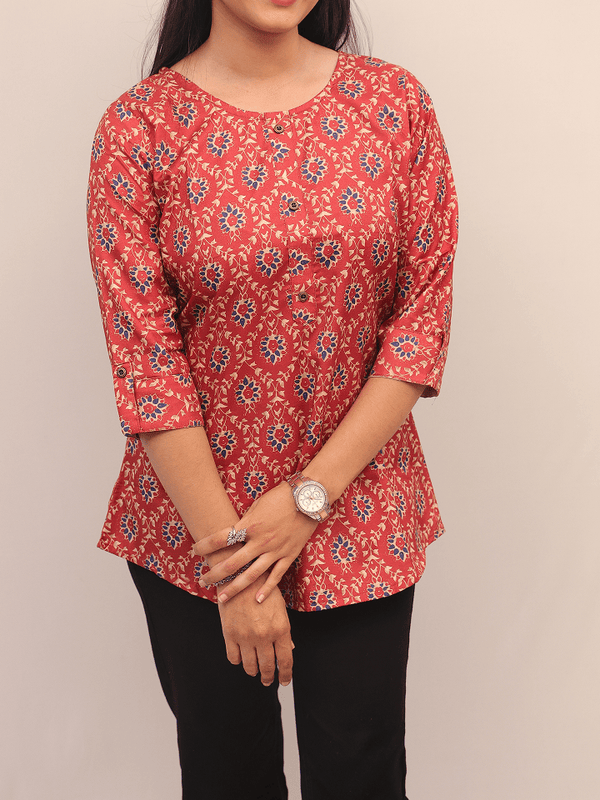 Maroon Floral Buti Printed Cotton Top