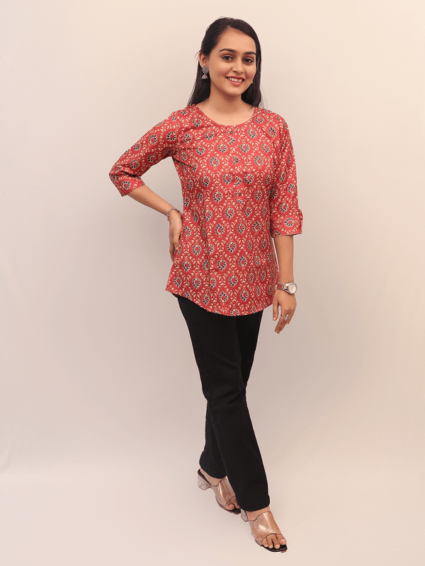 Maroon Floral Buti Printed Cotton Top