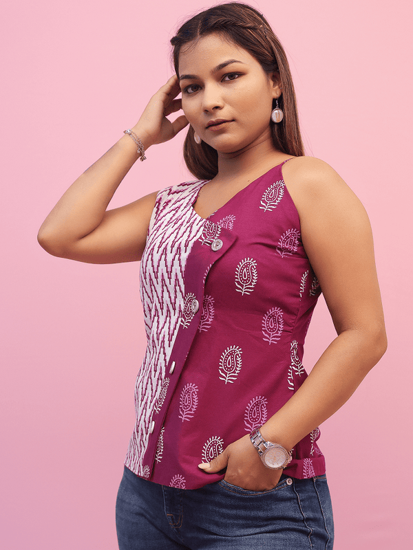 Magenta & White Ikat-block Print Sleeveless Top