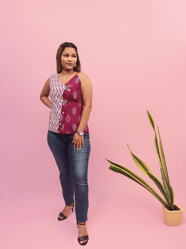 Magenta & White Ikat-block Print Sleeveless Top