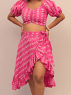 Pink Floral Ruched Crop Top With Asymmetrical Ruffle Skirt