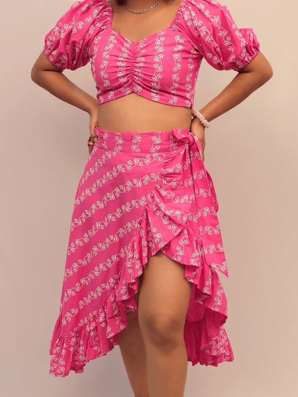 Pink Floral Ruched Crop Top With Asymmetrical Ruffle Skirt