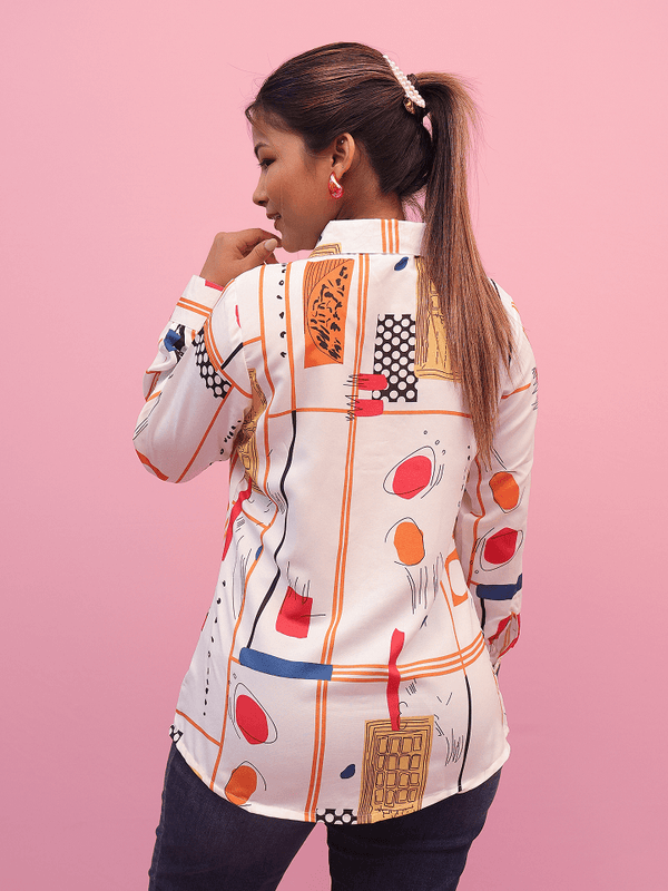 White & Orange Blue Accent Print Shirt