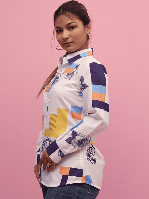 White With Bit Multicolor Print Shirt