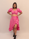 Pink Floral Ruched Crop Top With Asymmetrical Ruffle Skirt