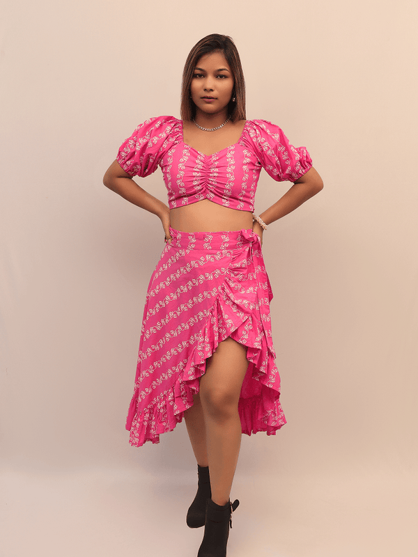Pink Floral Ruched Crop Top With Asymmetrical Ruffle Skirt