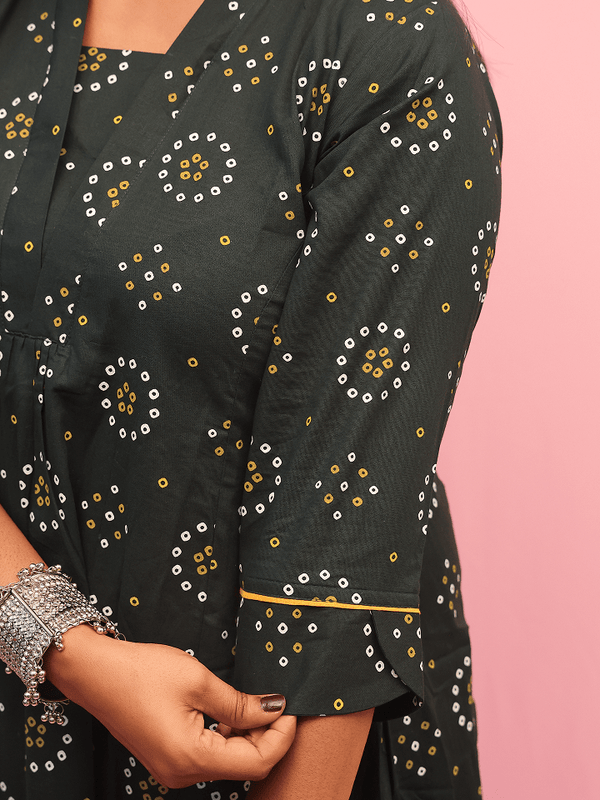 Green And Yellow Bandhani A-Line Kurta Set