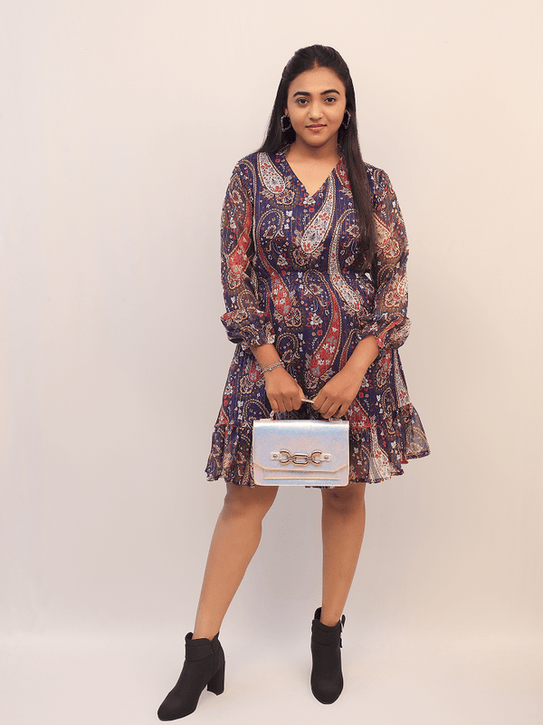 Navy Paisley Print Smocked Mini Dress