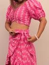 Pink Floral Ruched Crop Top With Asymmetrical Ruffle Skirt
