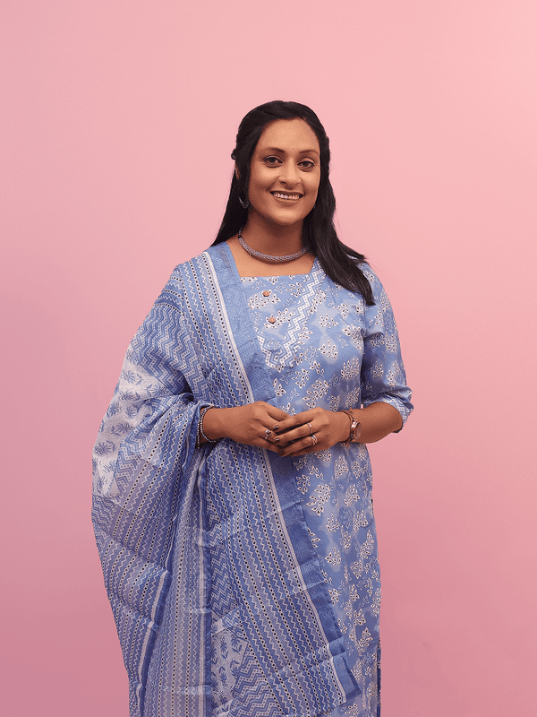 Powder Blue Floral Printed Suit Set
