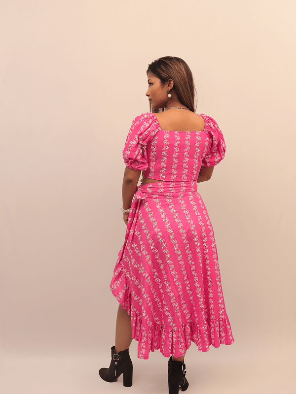 Pink Floral Ruched Crop Top With Asymmetrical Ruffle Skirt