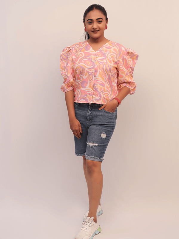 Pastel Swirl Puff Sleeve Shirt
