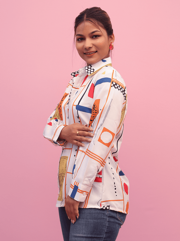 White & Orange Blue Accent Print Shirt