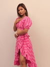 Pink Floral Ruched Crop Top With Asymmetrical Ruffle Skirt