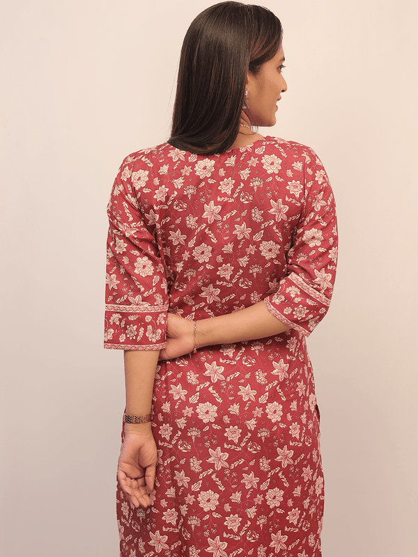 Crimson Floral Printed Suit Set With Dupatta
