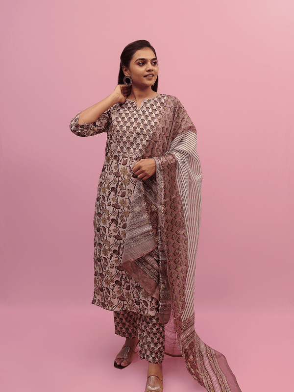 Beige Suit With Mauve And Mehendi Green Floral Suit